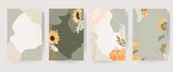 Autumn set. Vector cards with sunflowers and pumpkins on a trendy background