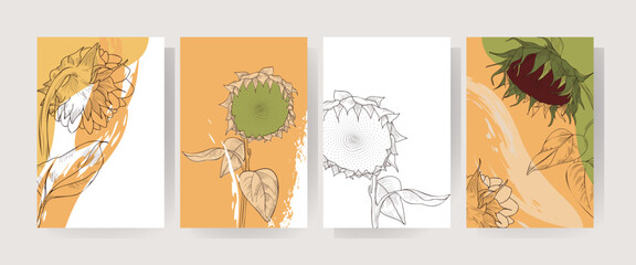 Autumn set. Vector cards with sunflowers on a trendy background