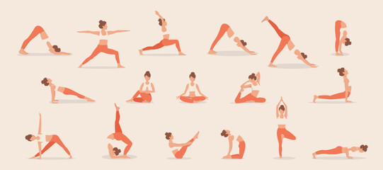 Set of poses woman doing yoga and fitness. Collection of female cartoon yoga positions isolated on white background. Full body yoga workout, eps 10 - obrazy, fototapety, plakaty