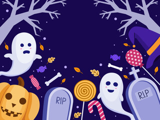 Naklejka premium Happy Halloween Background Design With Halloween Element. Halloween Frame Border Design Illustration. Happy Halloween Cartoon Illustration. Suitable for greeting card, banner, poster, postcard, etc