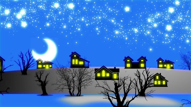 christmas animation video with cartoon style village town houses silhouette lighting windows bloom glowing stars in sky and snow and tree in first plan , big moon in clouds