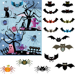 Isolated halloween spiders, bats, pumpkins and halloween poster