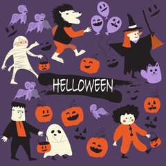 halloween vector design element set,Children in spooky outfits cartoon characters.