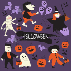 halloween vector design element set,Children in spooky outfits cartoon characters.