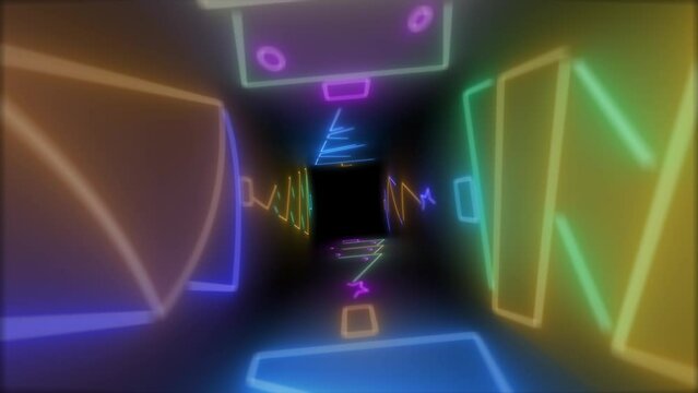 rotating 4k neon christmas animation with depth of field and wide camera lens. Its lot of colors here and black background. Trees are animated from begining of video