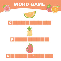 Printable word game worksheet for toddlers. Writing fruits name worksheet for children. Educational printable worksheet. Preschool Education. Vector illustration.