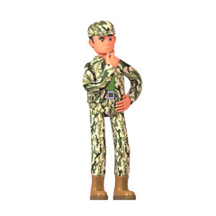 3d render of soldier in military uniform thinking, making decision