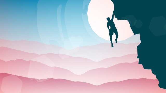 climber on a cliff with mountains as a background. Mountain climber walpaper for desktop. Silhouette of a rock climber. silhouette of a person in the mountains. Extreme rock climber. 