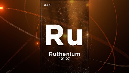 Ruthenium (Ru) symbol chemical element of the periodic table, 3D animation on atom design background