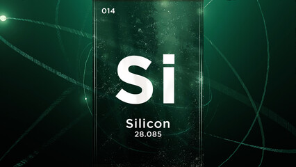 Silicon (Si) symbol chemical element of the periodic table, 3D animation on atom design background