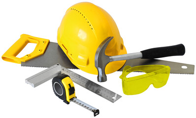 Construction tools gear and safety equipment isolated