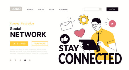 Stay Connected! Social network Man uses digital tablet to chat, net-surfing Internet for communication, entertainment, work Website, template, landing page Vector characters flat cartoon illustration