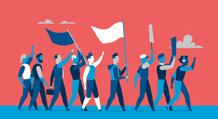 Gruppo di persone di diverse classi sociali che protestano per i loro diritti.