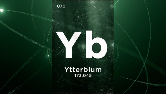 Ytterbium (Yb) symbol chemical element of the periodic table, 3D animation on atom design background