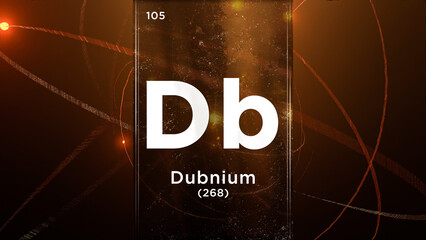Dubnium (Db) symbol chemical element of the periodic table, 3D animation on atom design background