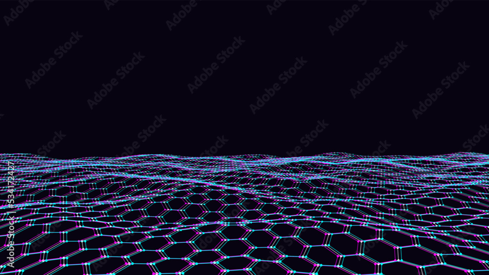 Poster digital technology wave. dark cyberspace with blue motion dots and lines. vector futuristic digital 
