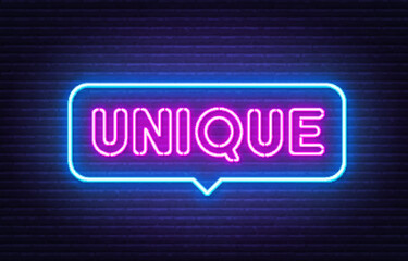 Unique neon sign in the speech bubble on brick wall background.