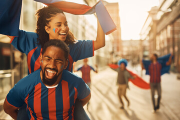 Cheerful black couple piggybacking while celebrating on street during soccer world championship.