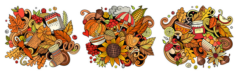 Autumn cartoon vector doodle designs set