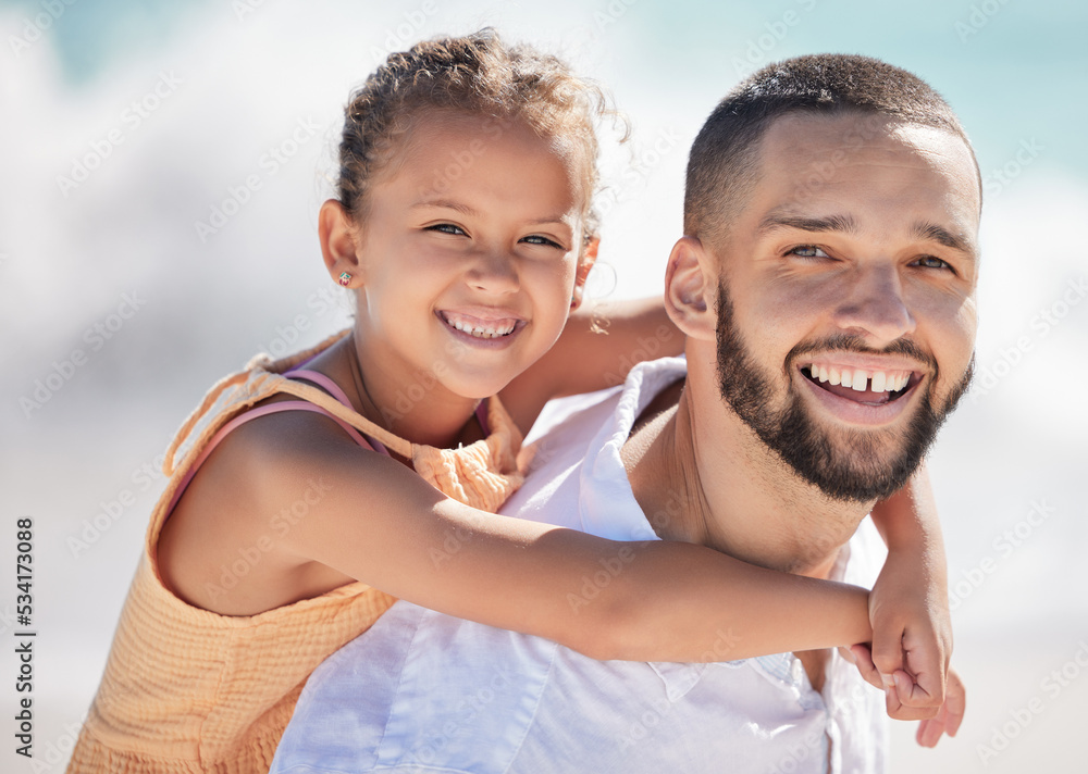 Canvas Prints Beach, smile and portrait of father and child bonding and having fun while on summer holiday. Happy, care and man carrying his girl kid in nature by ocean or sea while on family vacation in mexico.