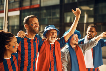 Happy sports fan and his friends going on match during world championship.