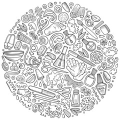 Set of Nail Salon cartoon doodle objects, symbols and items