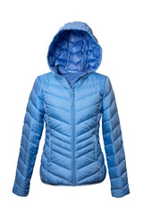 Winter jackets. Close-up of a stylish cosy warm blue down jacket for womans on mannequin isolated on a white. Clipping path. Fashionable women clothes for spring and autumn. © Olga