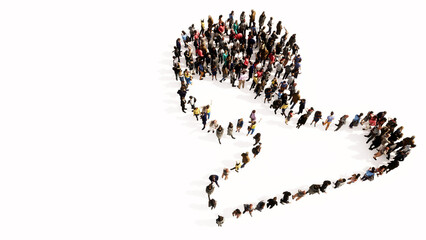 Concept or conceptual large gathering  of people forming an image of a human brain on white background.  A 3d illustration metaphor for science, intelligence, anatomy, neurology, brainstorming