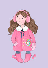 A cute brown-haired girl in a pink coat and fur headphones holds a lollipop.