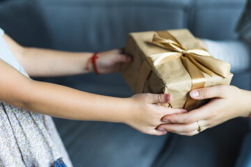 happy family with christmas gift. Close up