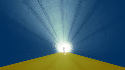 Concept or conceptual blue and yellow tunnel, the Ukrainian flag colors, with a bright light at the end as metaphor to hope and faith. A 3d illustration of a black silhouette of walking man to freedom