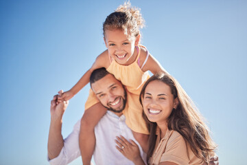 Parents, child and happy with sky in for portrait of family together outside on vacation. Mom, dad and girl on shoulders, love and happiness outdoors with blue sky while on holiday or travel