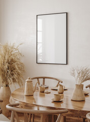 Fototapeta Vertical black frame mockup in farmhouse dining room interior, 3d render obraz