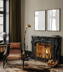 Fototapeta Frame mockup in modern loft interior with burning fireplace, 3d render obraz