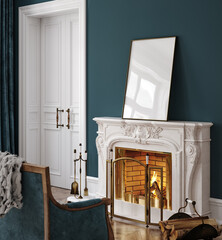 Fototapeta Frame mockup in dark classic interior with burning fireplace, 3d render obraz