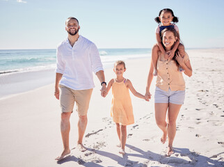Happy family, beach and holding hands on Hawaii summer vacation holiday for fun, joy and happiness together. Mother, dad and girl children happy, enjoy and excited walking on Bali sea or ocean sand