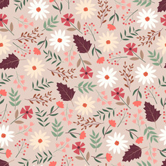 Contemporary floral seamless pattern design of abstract flowers and leaves. Stylish repeat texture background for surface printing