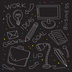 Business doodles on a blackboard vector illustration . Concept of idea, work, business, and goal