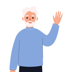 Elderly man saying hi and waving with hand. Concept of online education, smb, communication. Vector flat illustration.