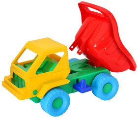 Colorful toy truck unloading isolated