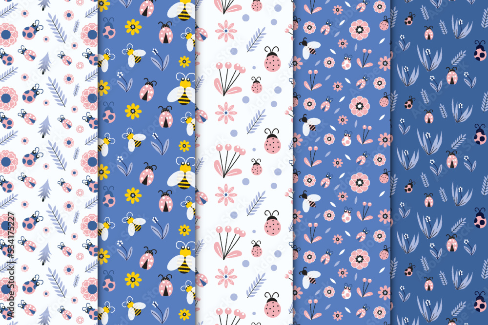 Poster insects seamless pattern collection vector with flowers and leaves. beautiful endless pattern bundle
