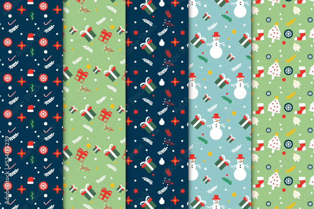 Poster christmas abstract pattern collection with gifts and leaves. seamless pattern set design with christ