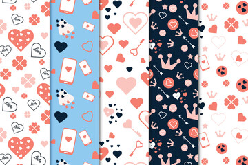 Love shape pattern background collection with different heart shapes. Abstract love element pattern bundle with white and dark backgrounds. Valentine love pattern set for wallpapers and cover pages.