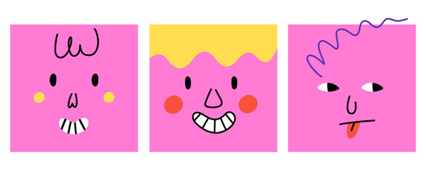 Abstract square faces. Funny cartoon characters with different emotions, doodle style happy trendy avatars, smile people portrait, contemporary geometric illustration, hand drawn vector isolated set