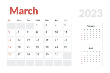 Calendar Template of march 2023. Vector layout simple calendar with week start sunday.