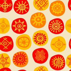 Ethnic seamless pattern with sun symbols - obrazy, fototapety, plakaty