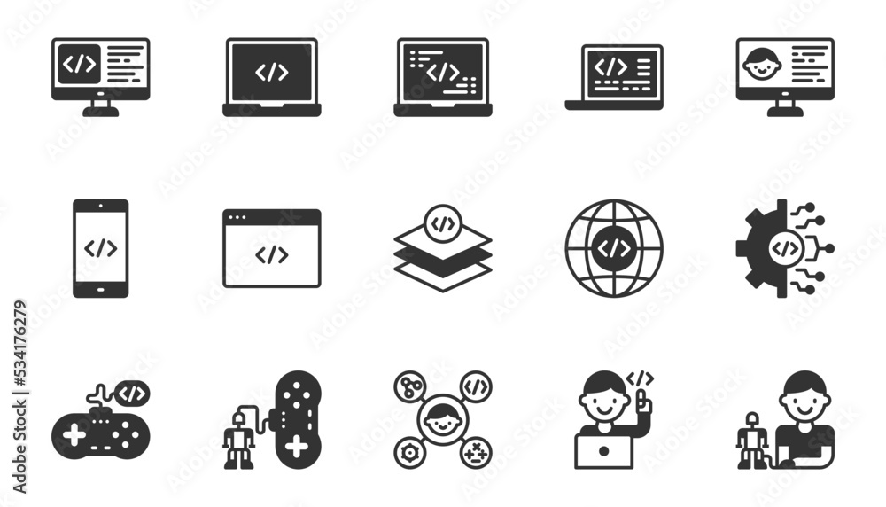 Wall mural kids coding icon vector, computer,programming, development, student