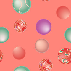 Playful abstract vector seamless pattern with 3d balls and gradients. Dynamic 3d geometric shapes in vivid poppy red, violet and mint green colors	