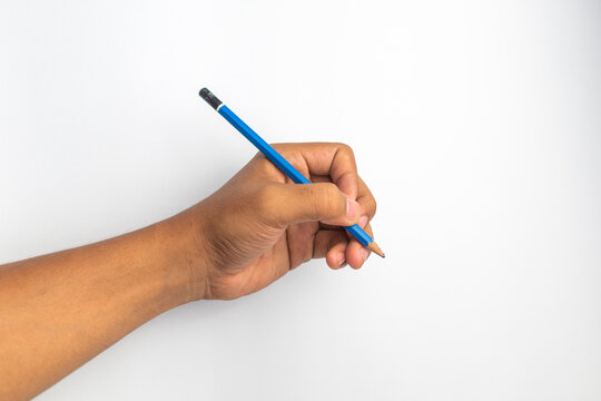 a man hand holding a blue 2b pencil isolated on white background