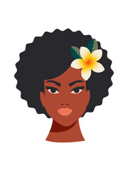 Beautiful stylish african american woman with plumeria flower. Head to shoulder length black woman with beautiful face and wavy hair isolated on white background. Vector.